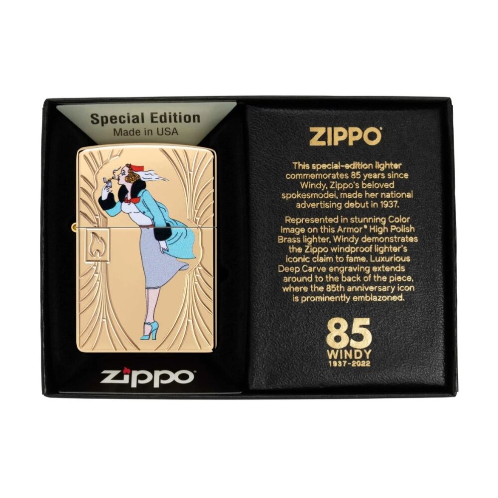 Gorgeous Windy Girl 85th Anniversary Polished Brass Carved Zippo Lighter